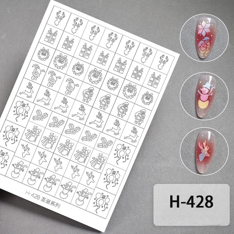 Nail art design sheet with holiday Christmas patterns and a sample of applied designs on nails.