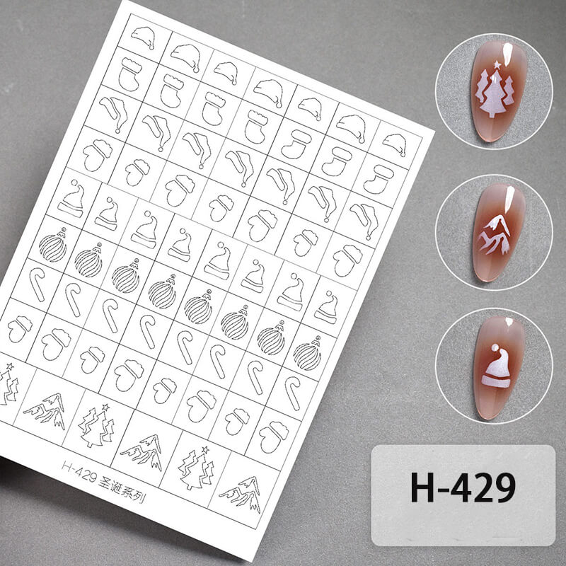 Nail art design sheet with Christmas patterns and a sample of applied designs on nails.