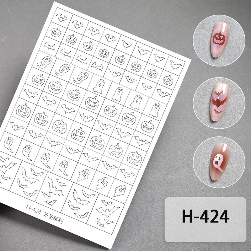 Sheet of Halloween-themed nail art stickers with sample designs on a gray background