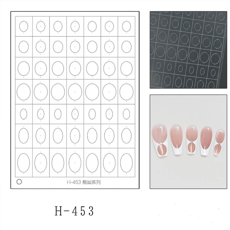 Nail art design sheet with oval shapes and a close-up of applied designs.