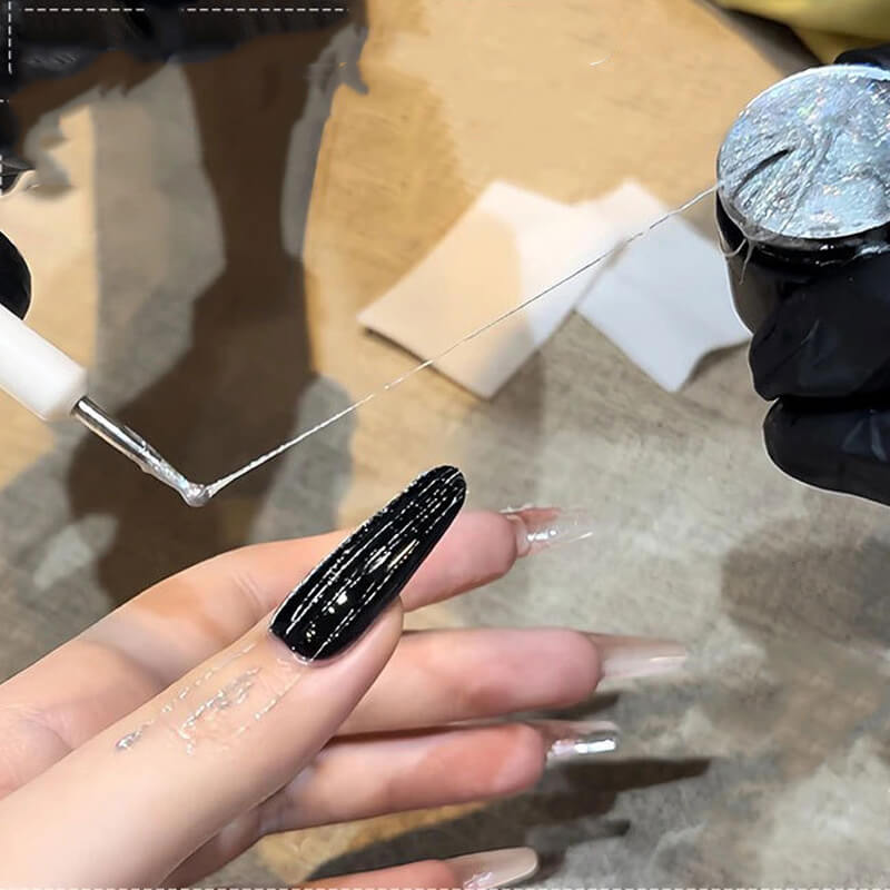 Sparkling pull line nail gel bottle with shimmer particles visible through clear packaging.