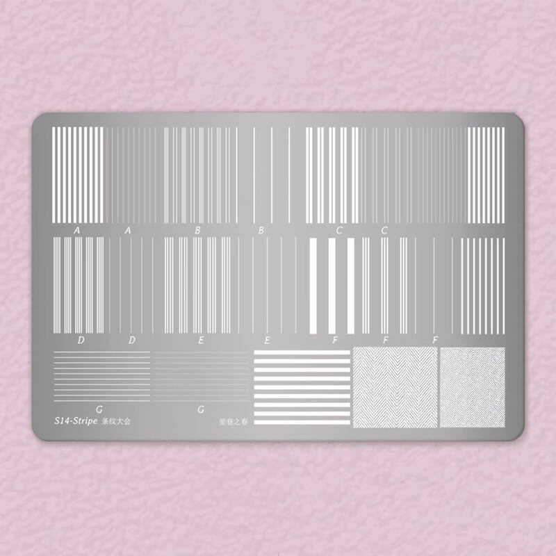 Essential nail stamping plates set—plaid and polka dot patterns for DIY nail art.
