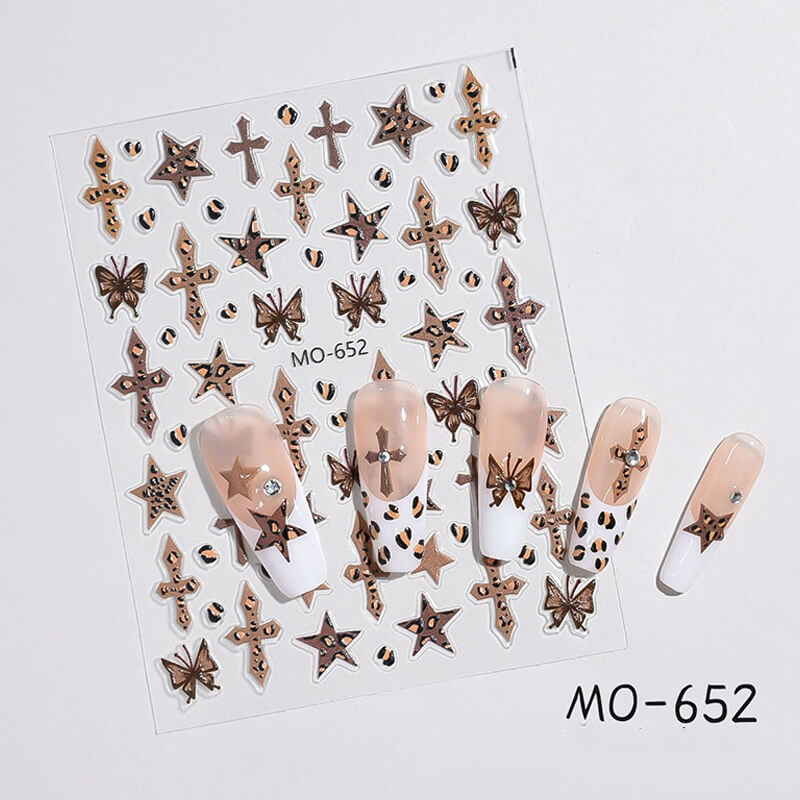 Maillard style nail stickers featuring stars, crosses, and leopard print patterns