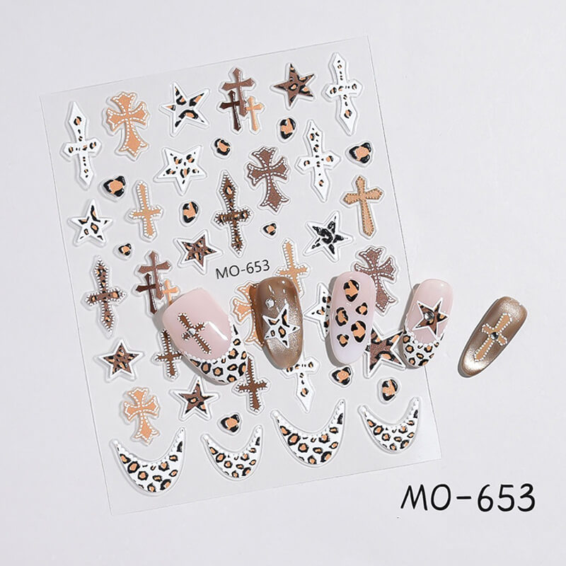 Maillard style nail stickers featuring stars, crosses, and leopard print patterns