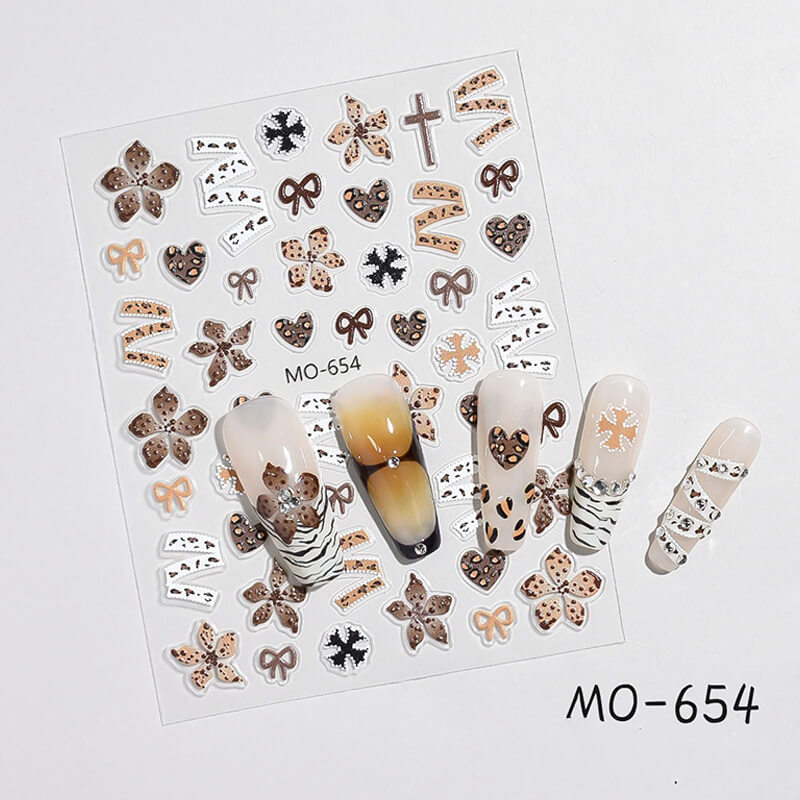 Maillard style nail stickers featuring stars, crosses, and leopard print patterns