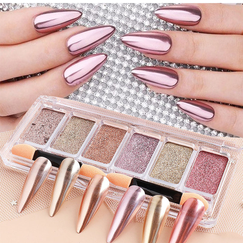 6-color aurora mirror effect chrome nail powder – metallic pigment set for professional nail art, gel polish overlay, and holographic finish