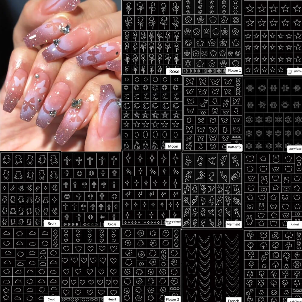 A set of nail stickers with various designs, including butterflies, hearts, and stars, displayed in a grid arrangement.