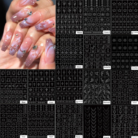 A set of nail stickers with various designs, including butterflies, hearts, and stars, displayed in a grid arrangement.