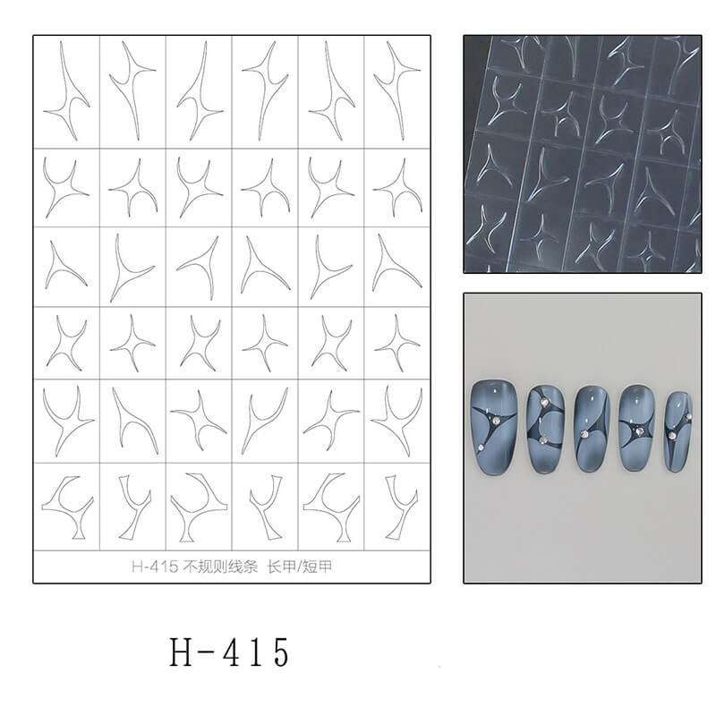 Nail art design sheet with patterns and a set of painted nails.