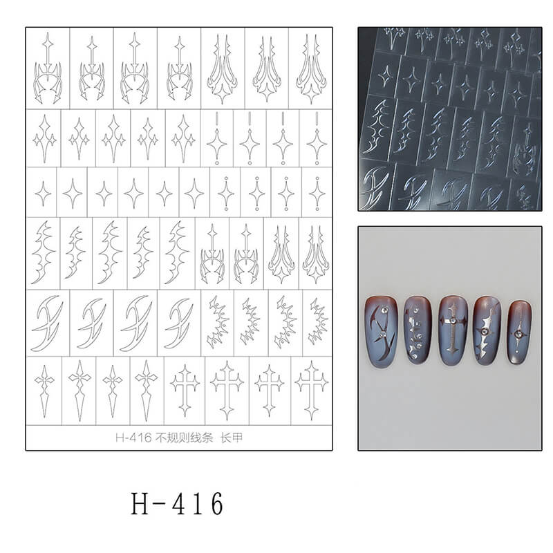 Nail art design sheet with various patterns, a textured sample, and nail samples with designs applied.