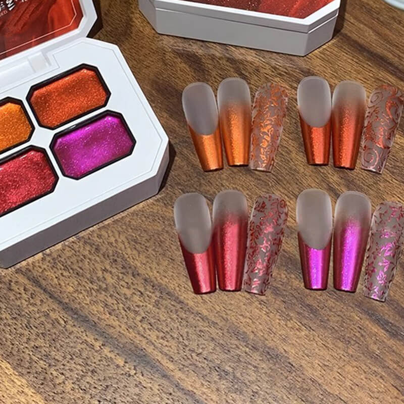 Close-up of four pearlescent gel shades—opal white, soft pink, champagne gold, and shimmering pearl