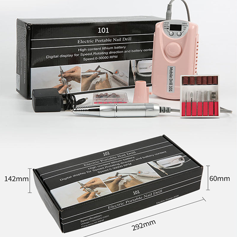 Complete electric nail drill set – includes rechargeable handheld device and various grinding bits for filing, buffing, and shaping acrylic, gel, and natural nails