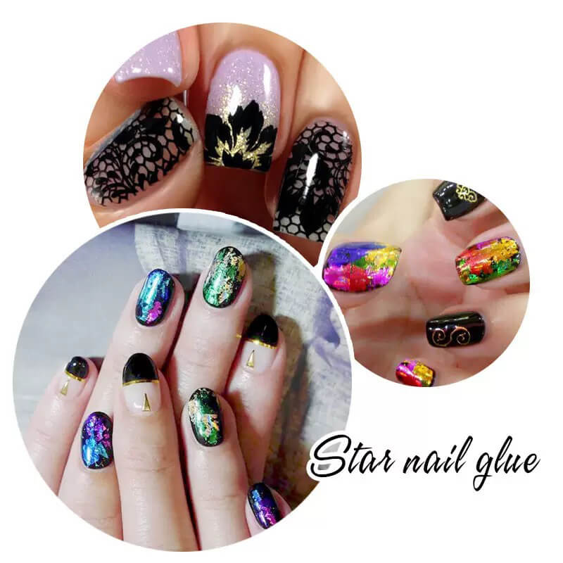 Decorative pattern transferred to nail using super sticky glue and textured foil