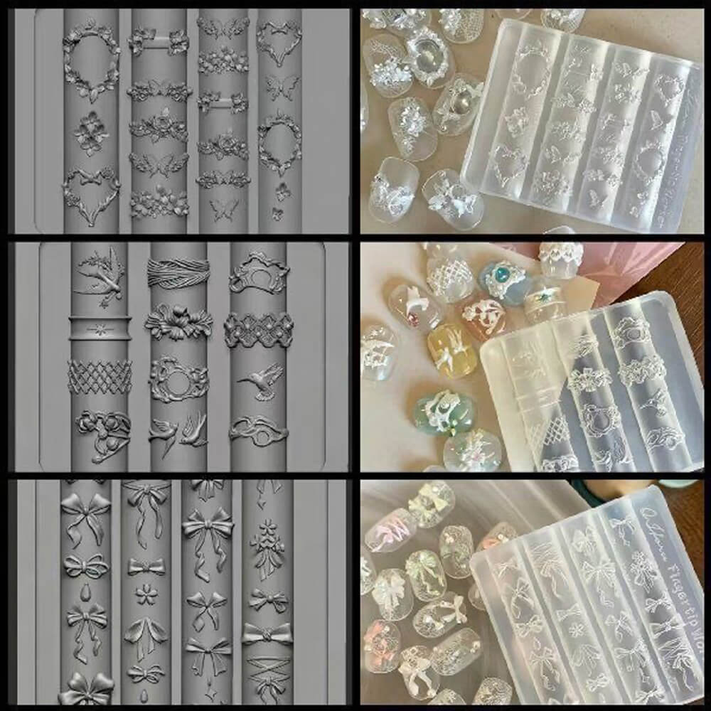 A 3x4 collage showing nail art stamping plates and decorative nail designs. The left three panels show gray plastic stamper plates with various floral, bow, and scroll patterns.