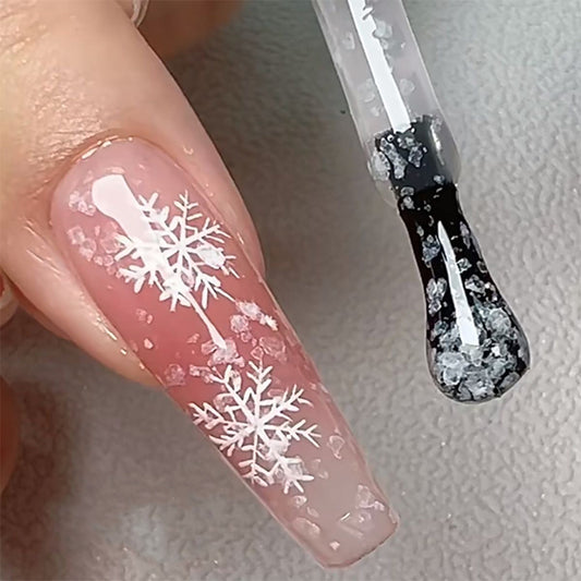 Snowflake nail gel polish bottle with snowflake-shaped sequins suspended in clear base