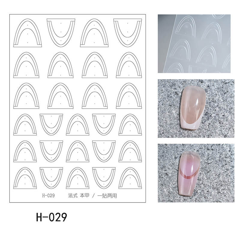 Nail art design sheet with pre-cut shapes and examples of application on nails.