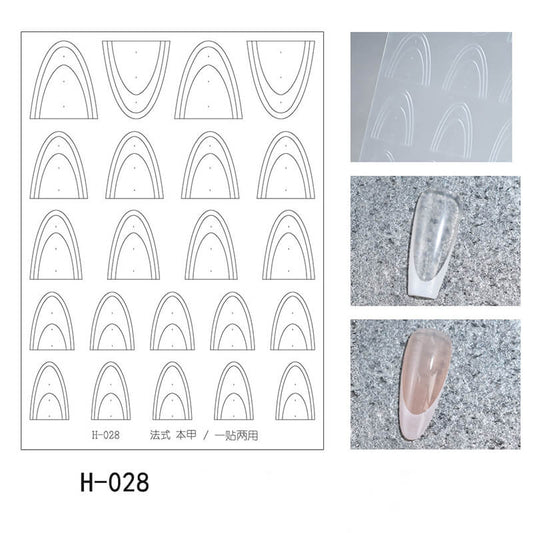 Sheet of upgraded clear extra-large ultra-thin French nail tip stickers arranged by size.