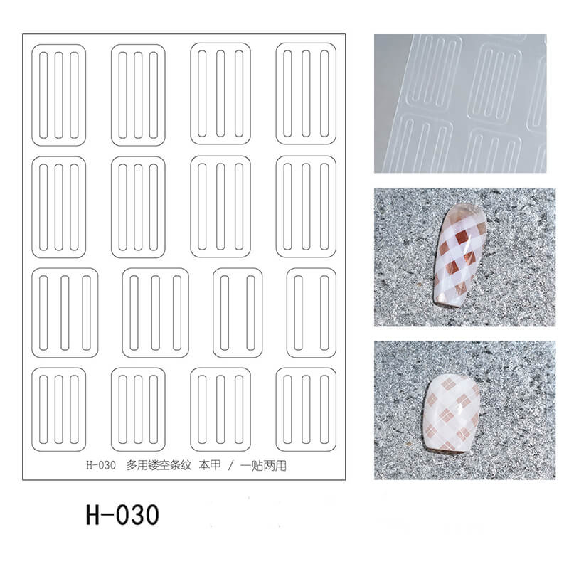 Sheet of nail art stickers with a grid pattern and two applied examples on a textured surface.
