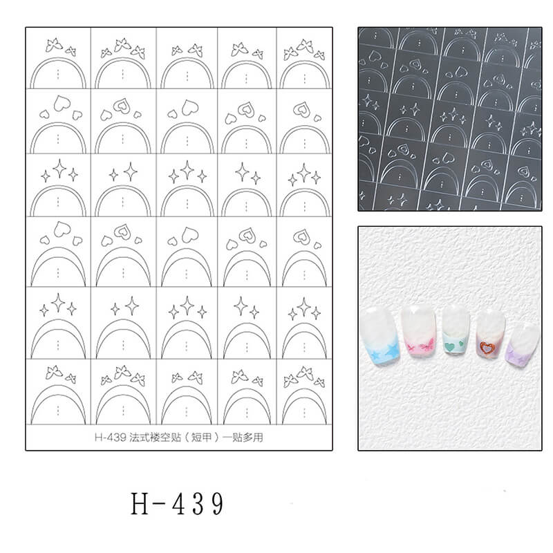 Nail art design sheet with french patterns and a sample of painted nails.