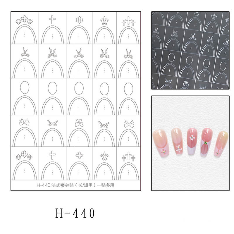 Nail art design sheet with various patterns and a sample of finished nails.