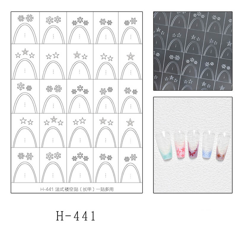 Nail art design sheet with star french patterns and a sample of painted nails.