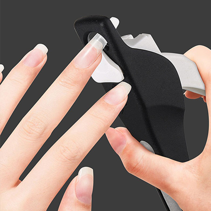 Precision acrylic nail clipper with catcher – easily trim fake nails without the mess, featuring an adjustable sizer for perfect fit and clean, professional results.
