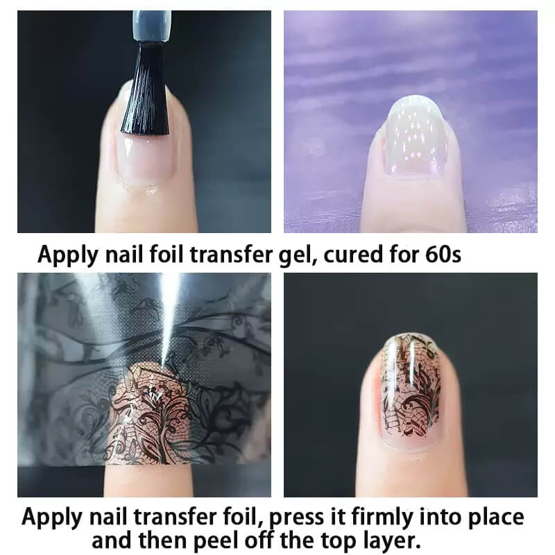 Step-by-step guide on applying nail foil transfer gel and foil with text instructions.