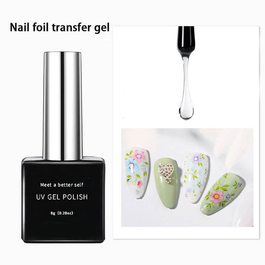 Nail foil transfer gel with a bottle and decorated nails.
