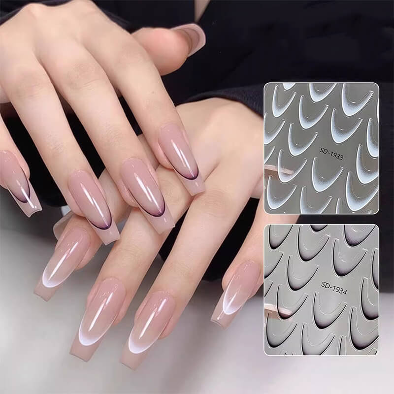 Ombre French line nail art stickers sheet with gradient tips fading from pink to white