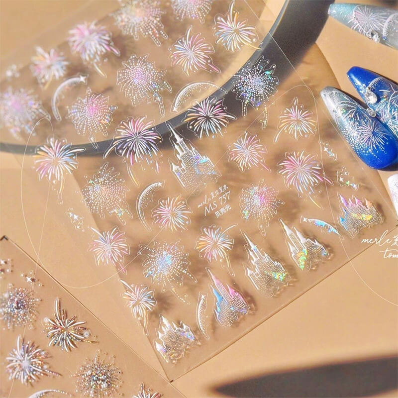Fireworks burst sticker with sparkling star details for celebratory nail art