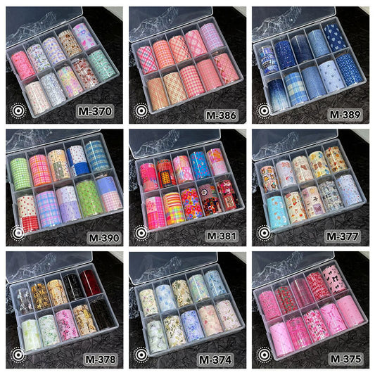 Cute nail transfer foil with bow, flower and bear designs for kawaii nail art.