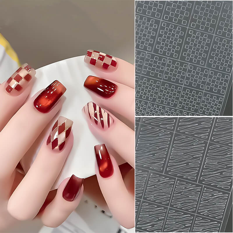 Nail art design with red and gold pattern on nails, alongside a geometric patterned nail art transfer sheet.