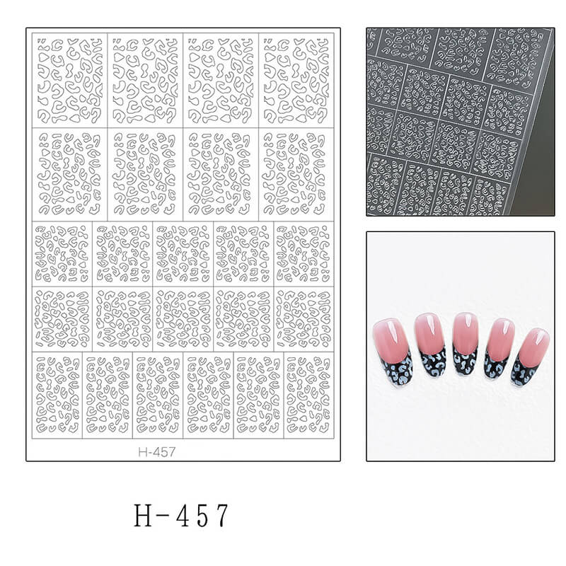 Nail sticker sheet set showing three patterns—leopard print, plaid, and fish scale designs.