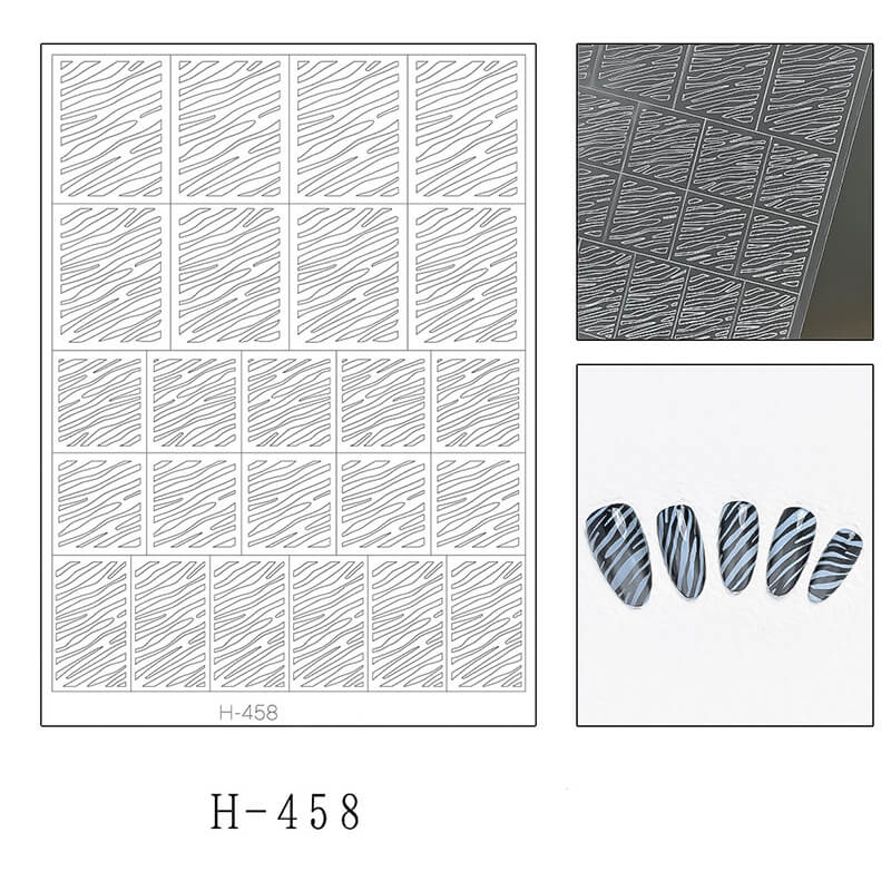 Nail sticker sheet set showing three patterns—leopard print, plaid, and fish scale designs.