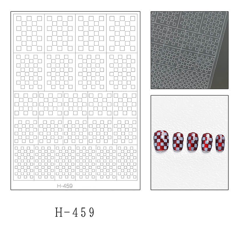 Nail sticker sheet set showing three patterns—leopard print, plaid, and fish scale designs.