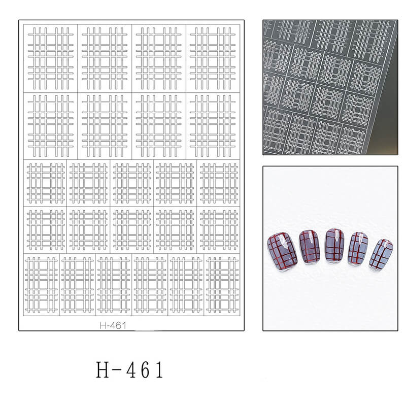 Nail sticker sheet set showing three patterns—leopard print, plaid designs.