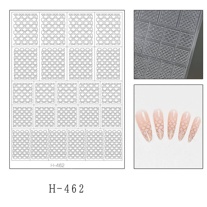 Nail sticker sheet set showing three patterns— fish scale designs.