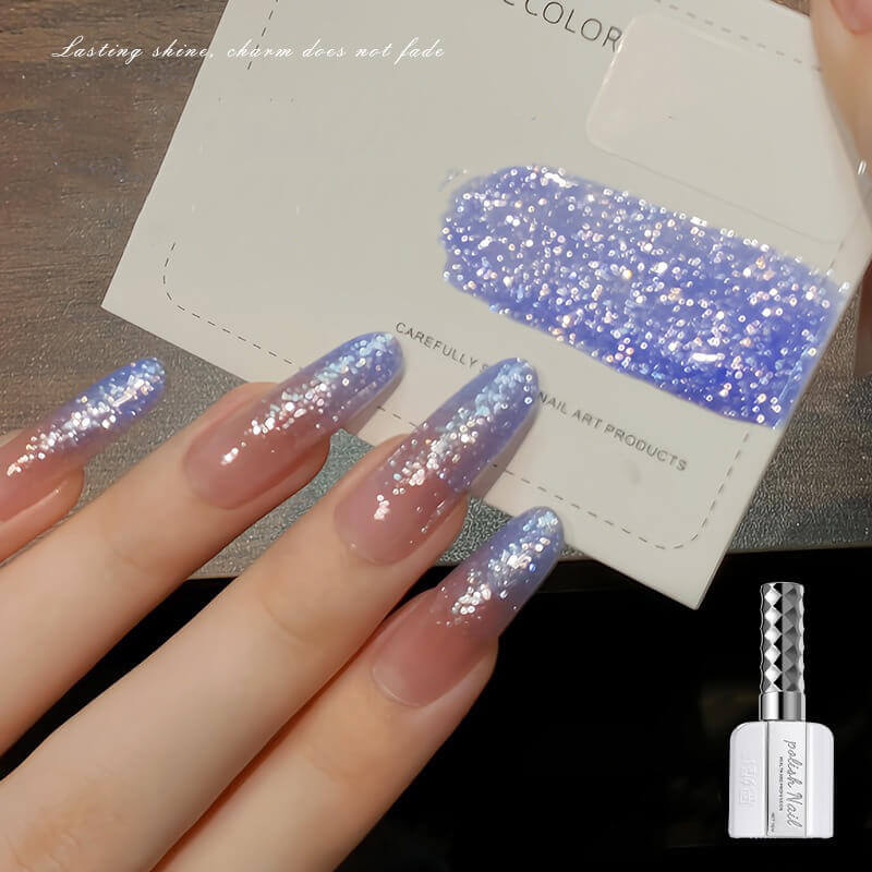 Fine sparkle nail art gel creating delicate shimmer effect like fresh snow catching light-blue