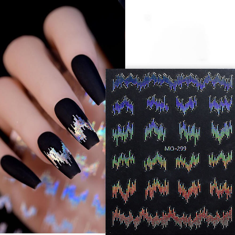 A set of nail art stickers with a reflective wire print design, displayed on a surface and being applied to fingernails, with the sticker sheet labeled 'M032'.