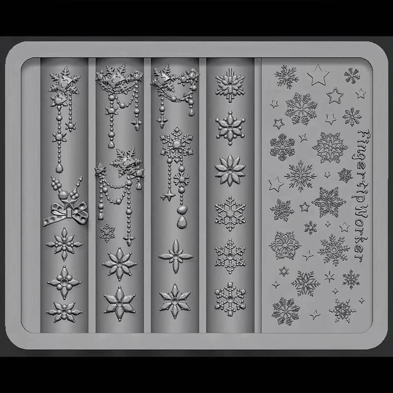 3D snowflake silicone mold for creating winter nail charms and decorations.