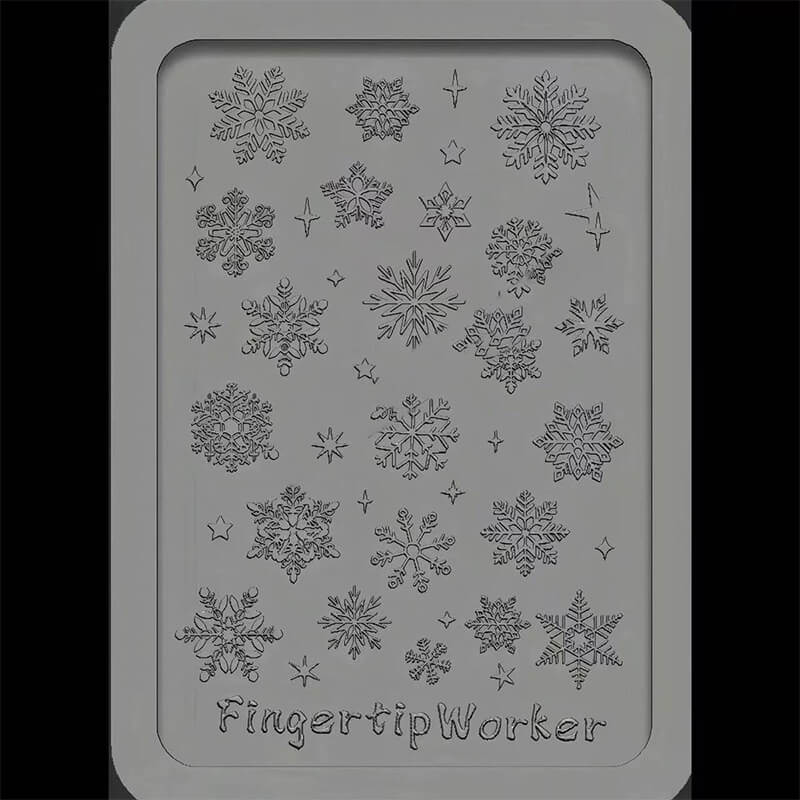 Flexible silicone nail art mold featuring multiple 3D snowflake designs in various sizes.