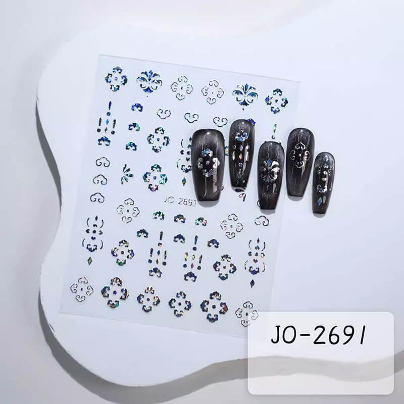 Silver laser butterfly snowflake nail art sticker sheet with metallic butterfly and snowflake designs