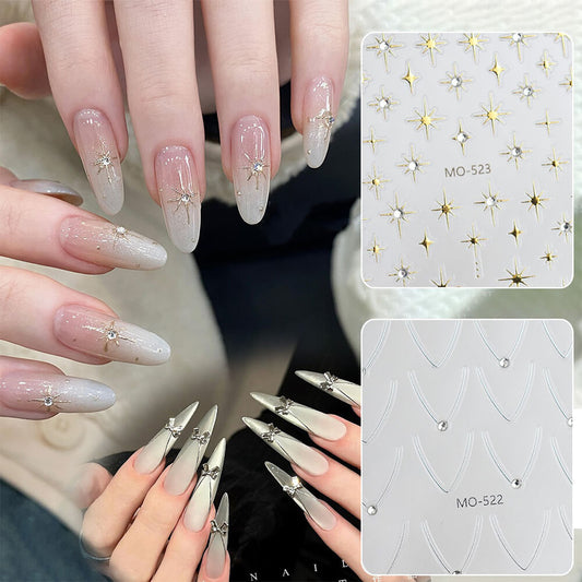 3D star French line nail stickers sheet with rhinestone accents along smile lines