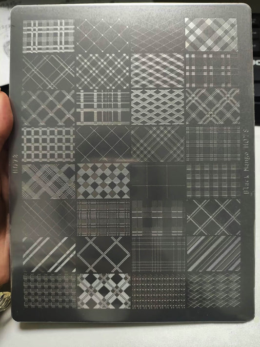 Plaid and line nail art stamping plate featuring grid patterns, plaid designs, and clean line motifs.