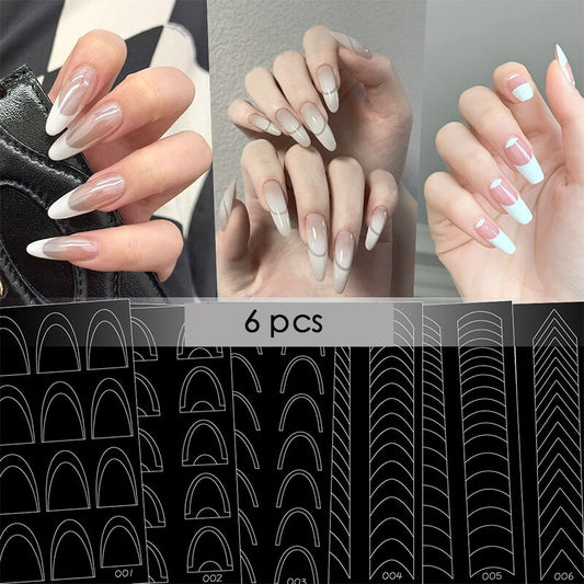 A set of six French line nail art stencils, also showing examples of nails using the stencils for French tip nail design.