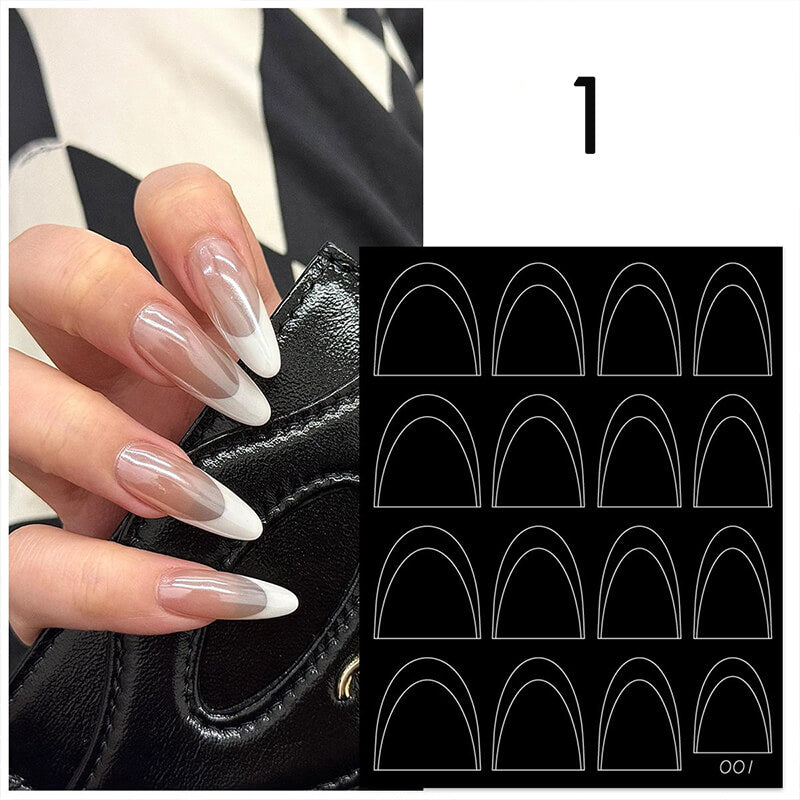 Upgrade French line nail art stencils sheet with curved smile line stickers in assorted sizes