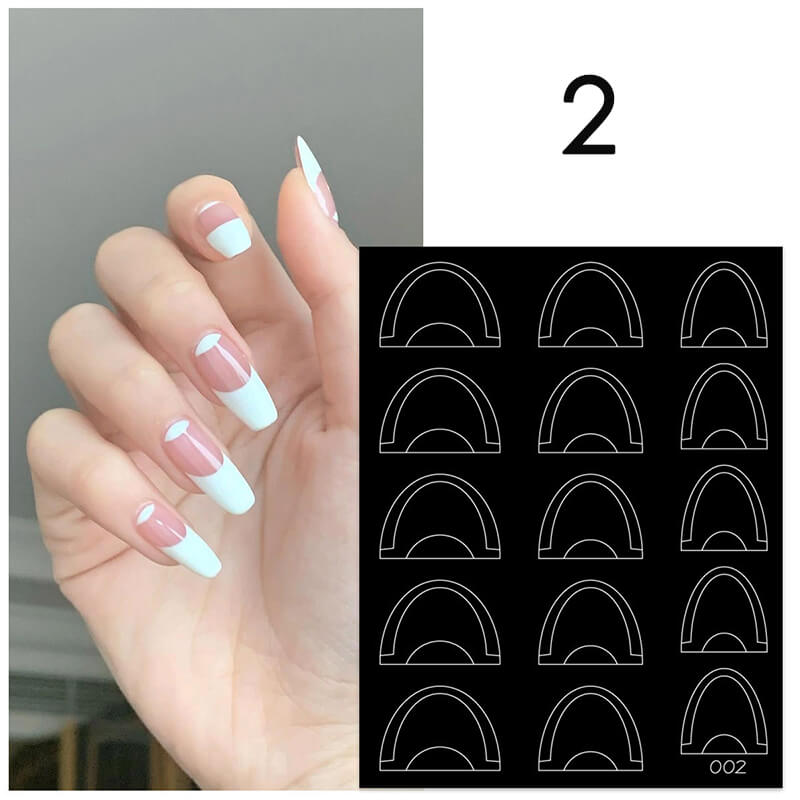 Close-up of French tip stencil showing precise curved edge and ultra-thin adhesive material