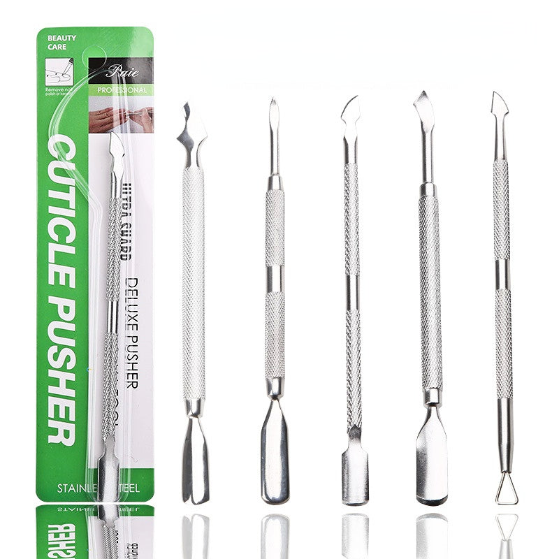 Professional stainless steel nail pusher with angled flat tip for cuticle care