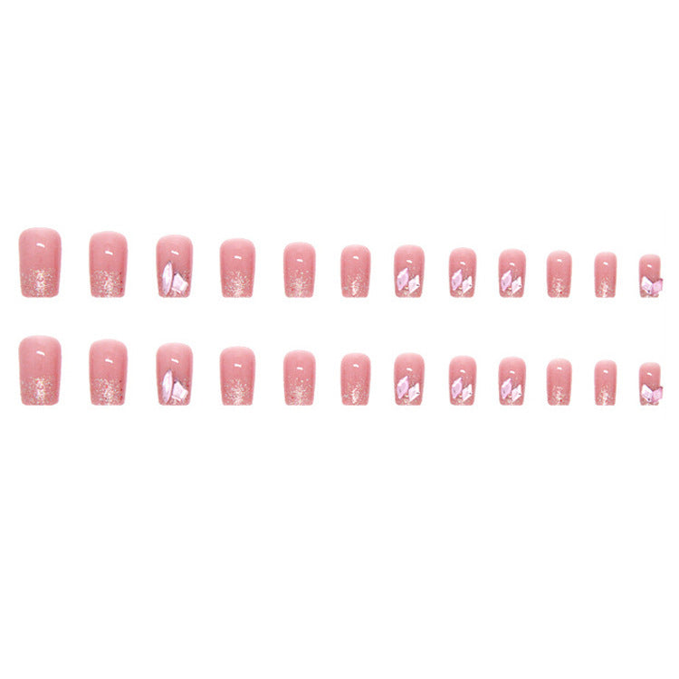 #37 Medium Length Square Shape Pink Press on Nail Shiny Rhinestone Fake Nail