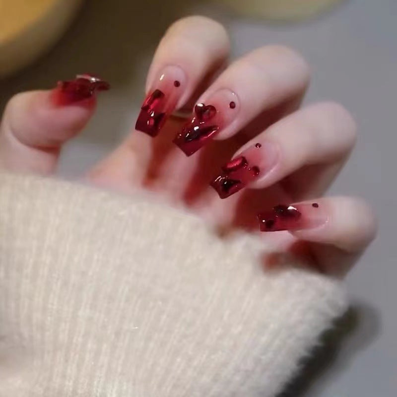 #15 10 Pcs Medium Length Coffin Shape Red Rhinestone Press on Nail